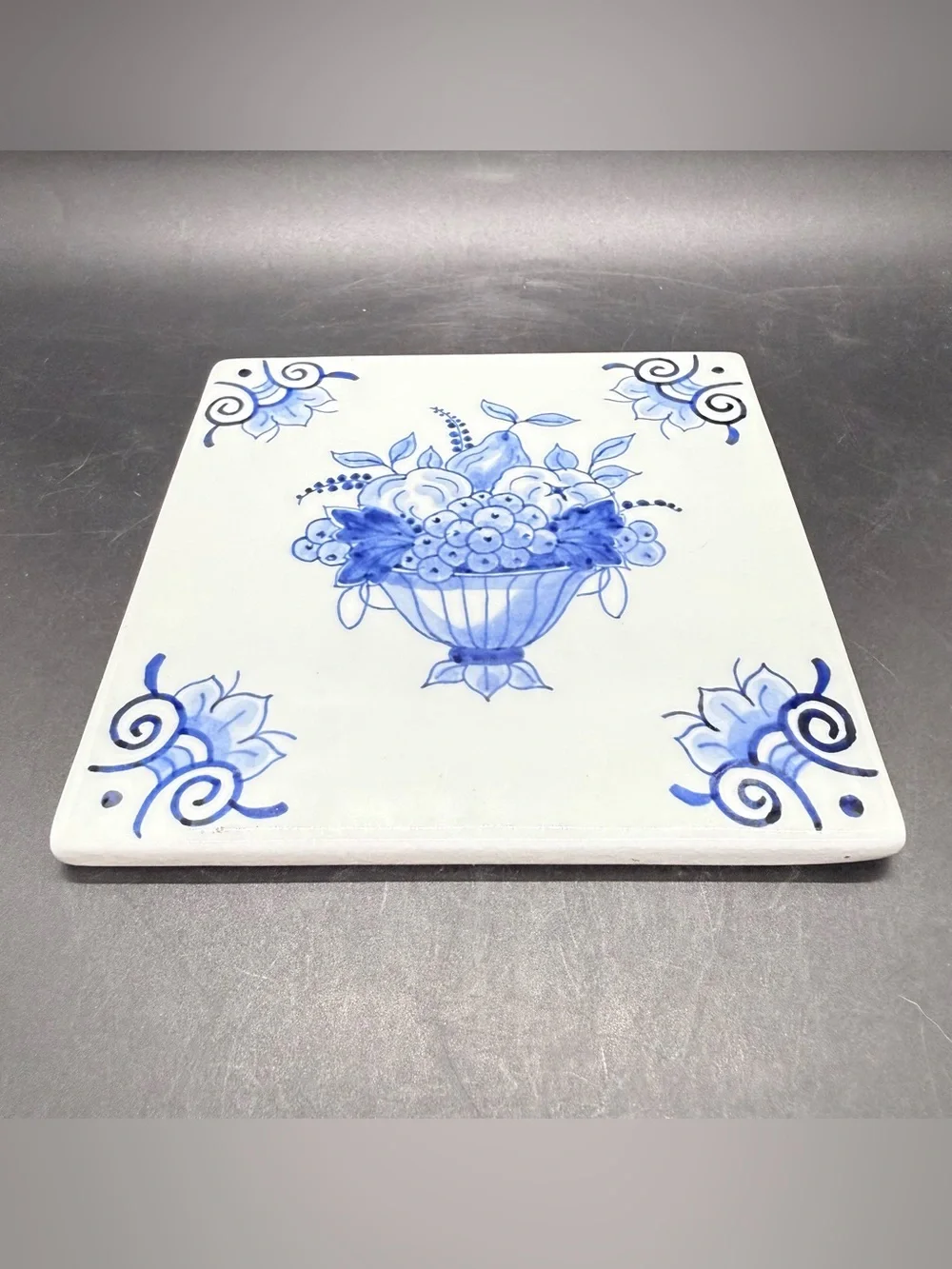 Vintage Royal Delft De Porceleyne Fles Porcelain Tile Fruit Basket Blue White 5